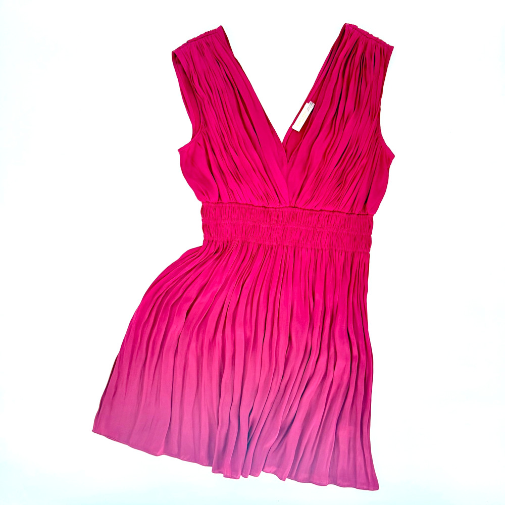 Ramy Brook Fuchsia Pleated Mini Dress XS Smocked Waist V-Neck Sleeveless
